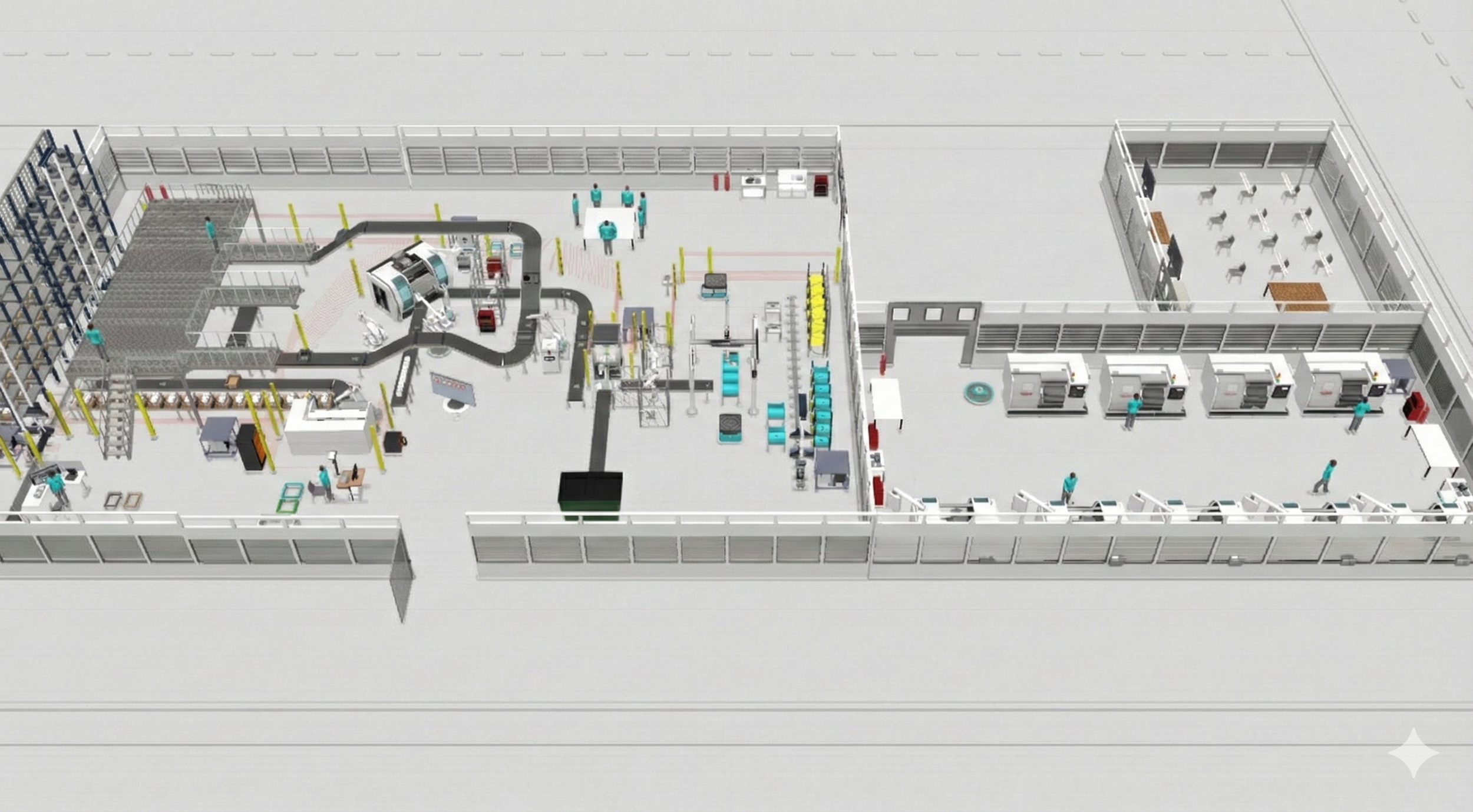 A detailed floor plan of an industrial or research facility with various rooms, equipment, and personnel.