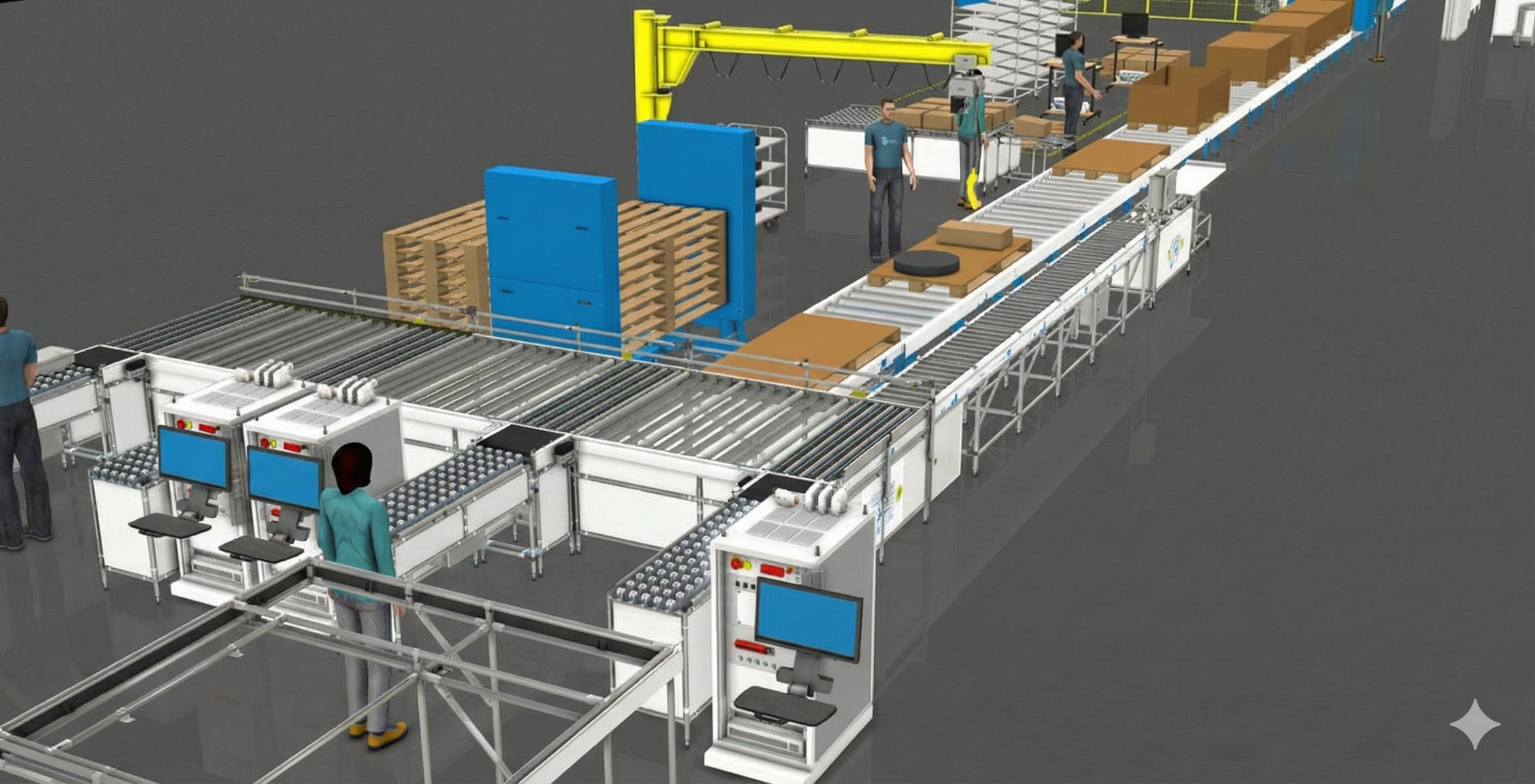 An illustration of a packaging and assembly line in a warehouse, featuring conveyor belts, robotic arms, and workers operating machinery and monitoring screens.