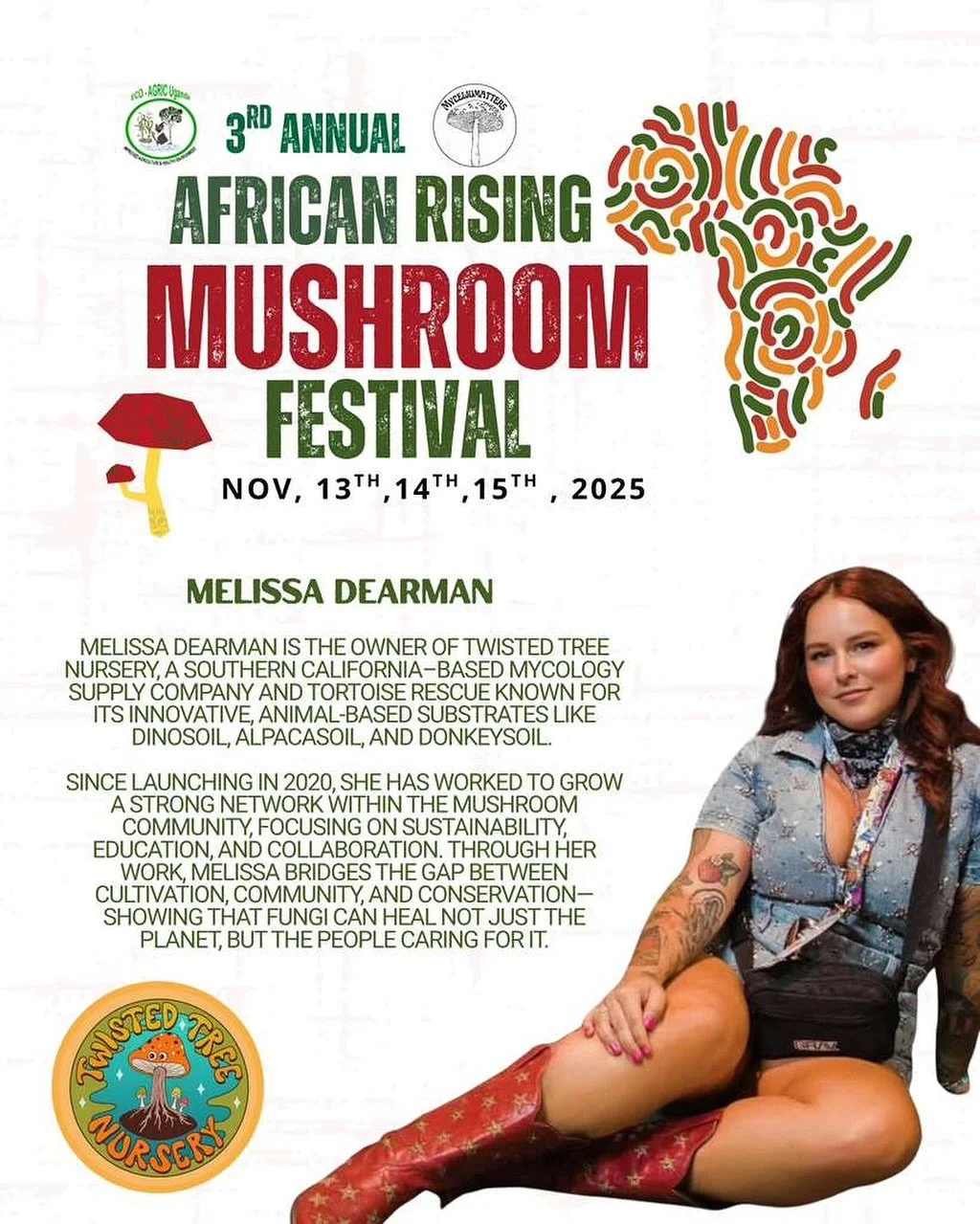 We&rsquo;re honored to welcome Melissa from @twisted_tree_nursery to the African Rising Mushroom Festival in Hoima City, Uganda!
 Melissa will be leading a virtual presentation on her farm and the importance of mushrooms for mental health. 
This fest