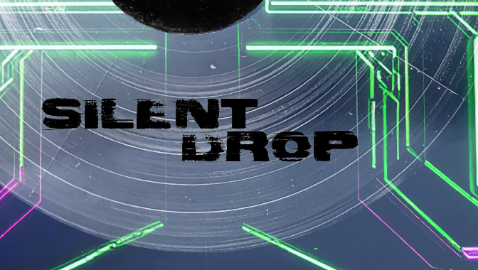 The image features the text 'SILENT DROP' in bold black letters against a futuristic background of glowing green and purple neon lines and geometric shapes.