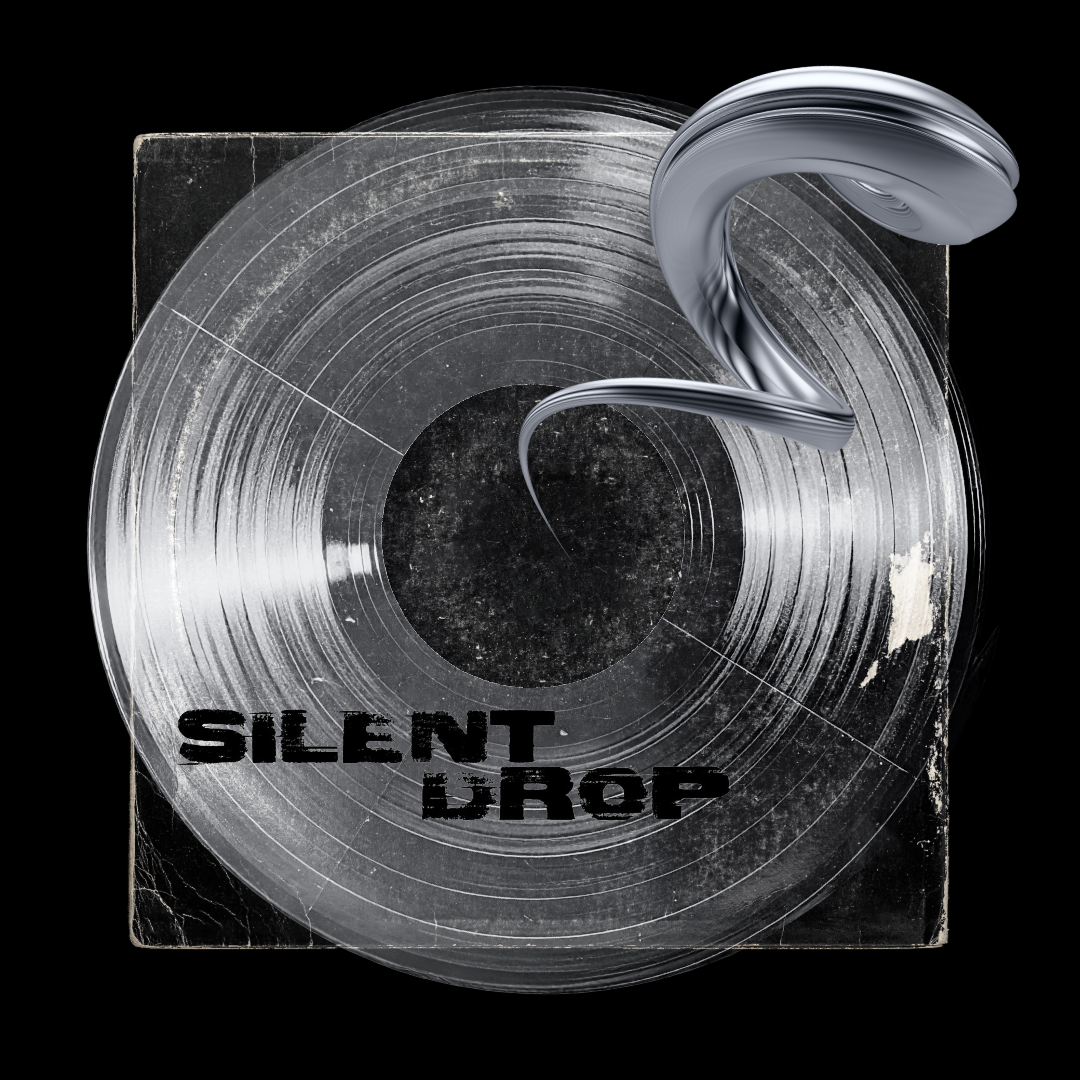An abstract digital artwork featuring a black and white vinyl record with the label 'Silent Drop' at the bottom. The record appears worn with scratches and scuffs. A metallic, shiny, and twisted shape extends from the top right of the record, against a black background.