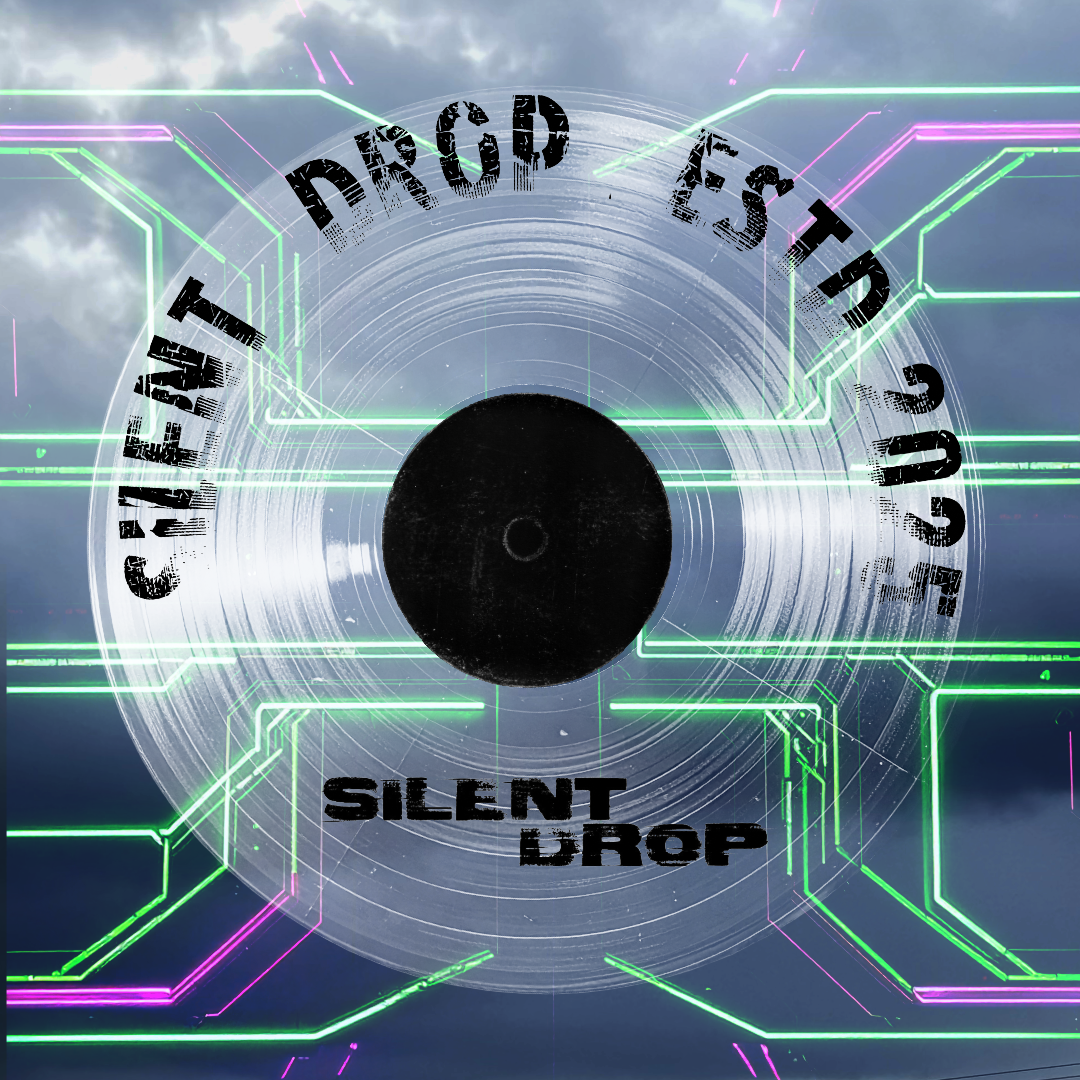 A digital image of a vinyl record with the words "Silent Drop" and "Chaotic Disco" overlaid, surrounded by neon circuit lines and a cloudy sky in the background.