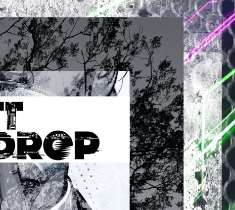 A collage with layered images including trees, a person wearing glasses, neon lights, and text that says 'DROP'.