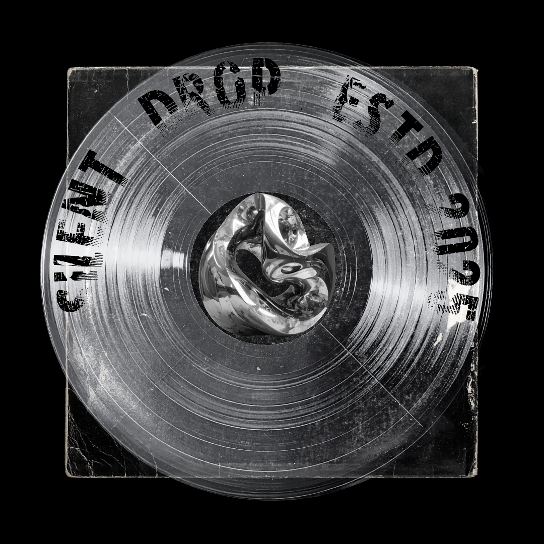 A metallic compact disc with a twisted metallic object in the center, labeled with letters and numbers around the edge, on a distressed black background.