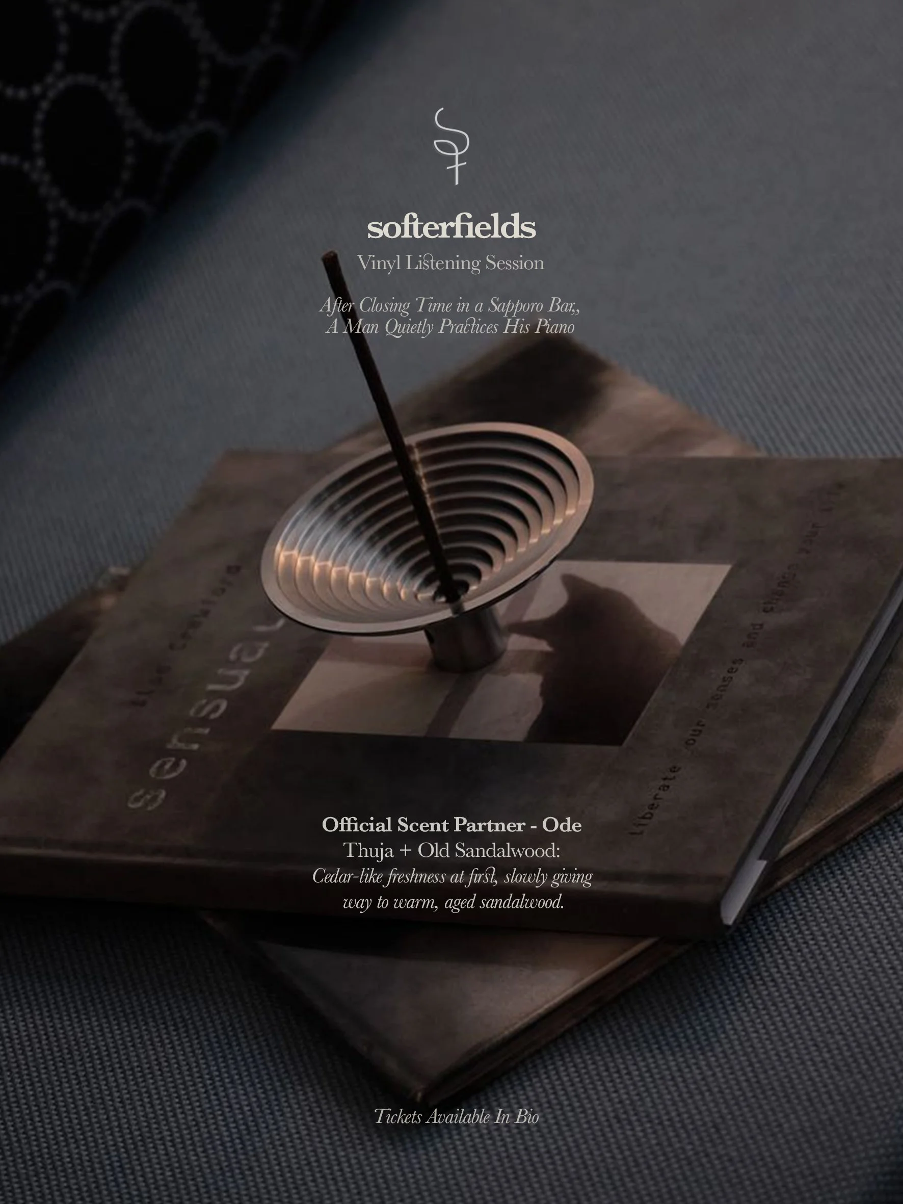 A magazine page featuring a metallic incense holder with a burning incense stick, placed on a magazine with minimalistic design. The text promotes a vinyl listening session called 'soterfields' and describes scents of cedar and aged sandalwood.