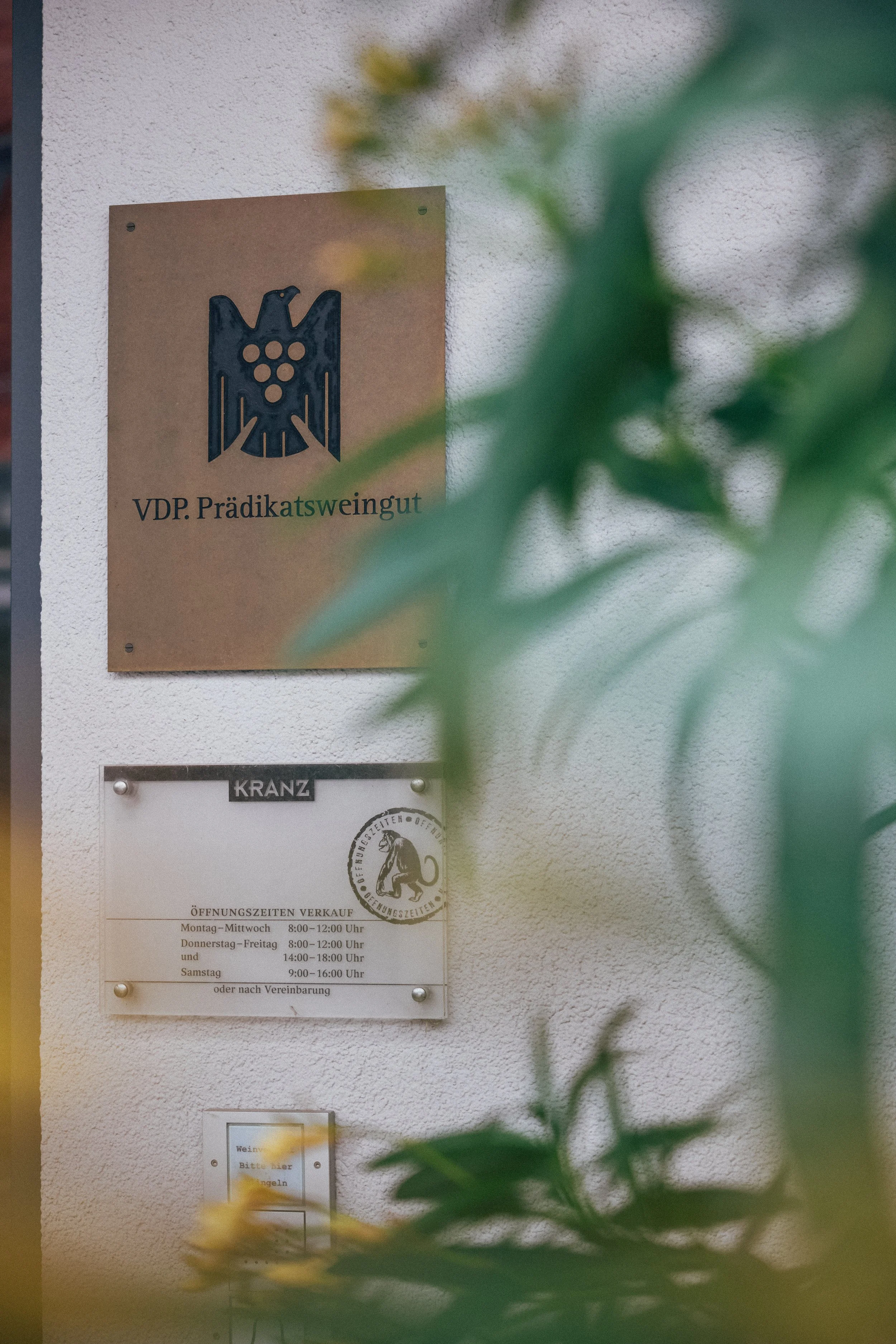 Hinweistafel der VDP Prädikatsweingut mit einem Logo und Öffnungszeiten am weißen Wand, teilweise von grünen Blättern verdeckt.