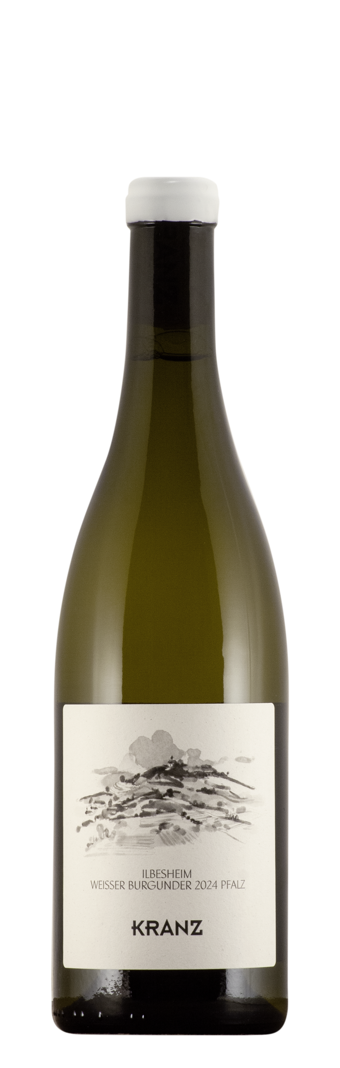 Eine Flasche Weißburgunder Wein aus dem Jahr 2024 aus der Region Pfalz, mit einem Etikett, das eine Skizze einer Landschaft zeigt.