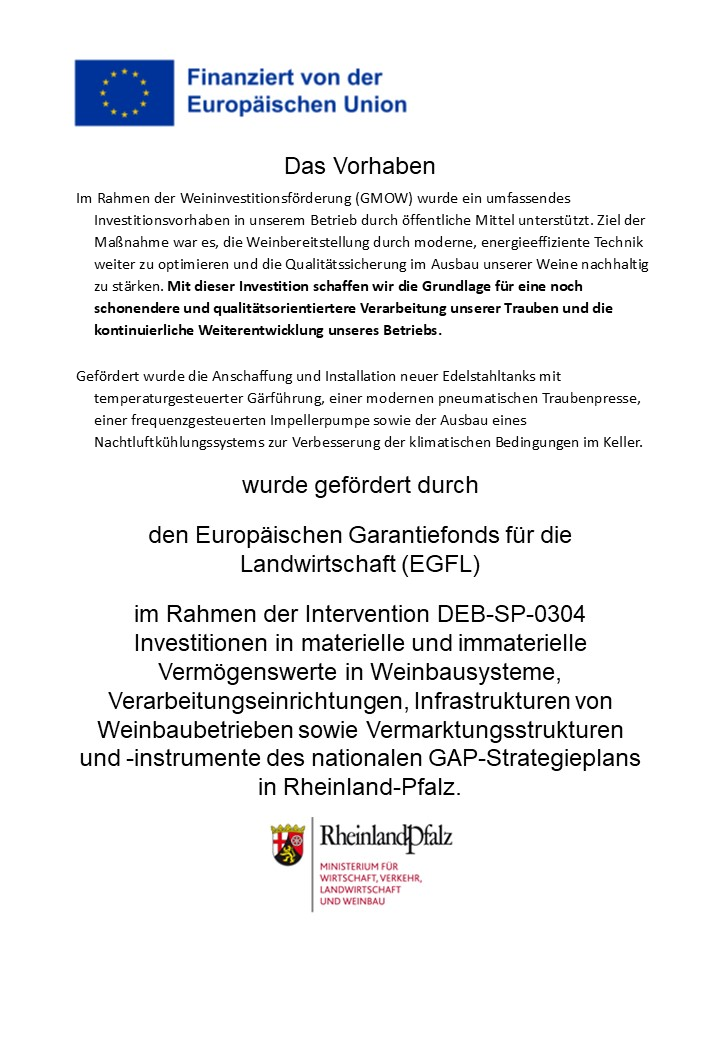 Informationsposter mit Text über eine Investition in der Weinindustrie, gefördert durch die Europäische Union und das Ministerium für Wirtschaft, Verkehr, Landwirtschaft und Weinbau in Rheinland-Pfalz, inklusive EU-Flagge und Ministerium-Logo.