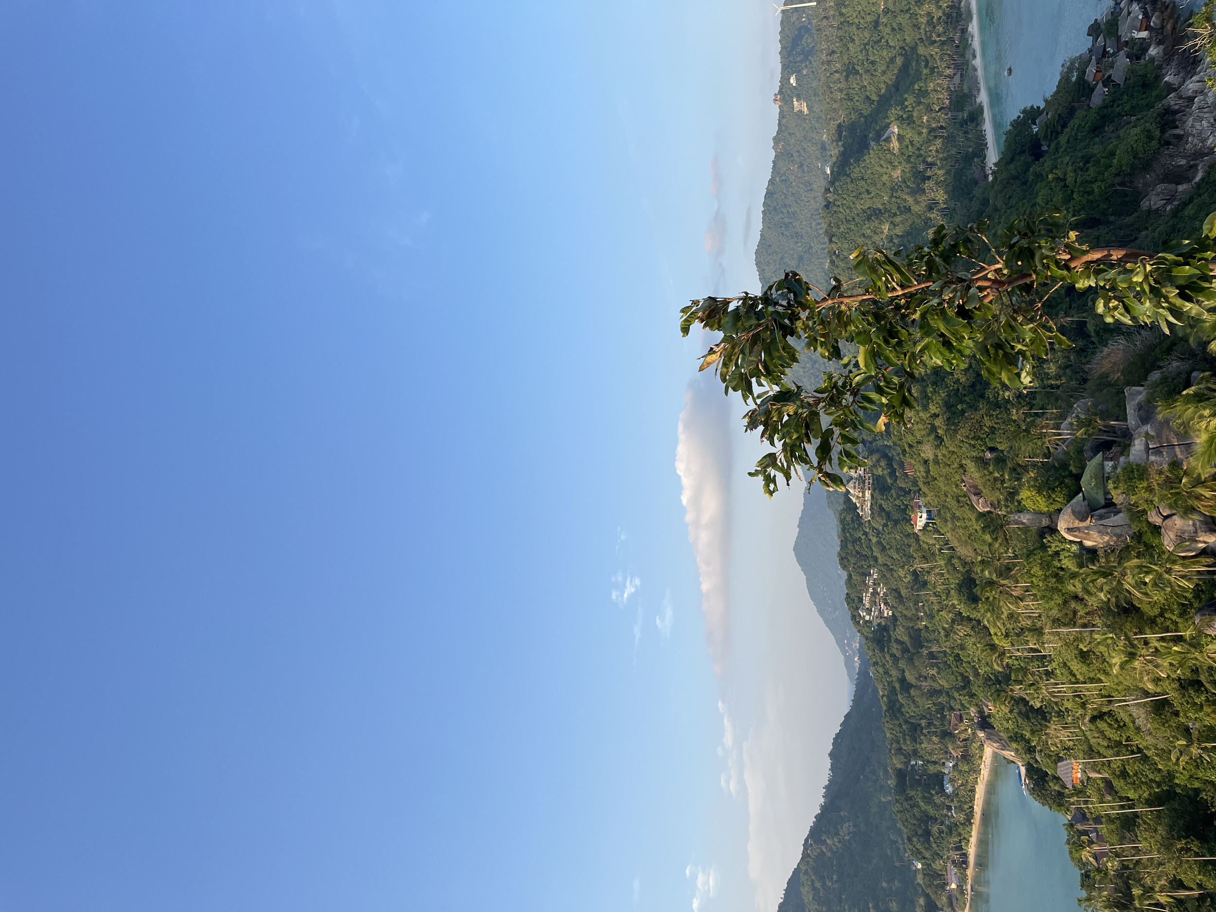 Scenic view of a lush green mountain landscape with a river flowing through, under a clear blue sky with some clouds.