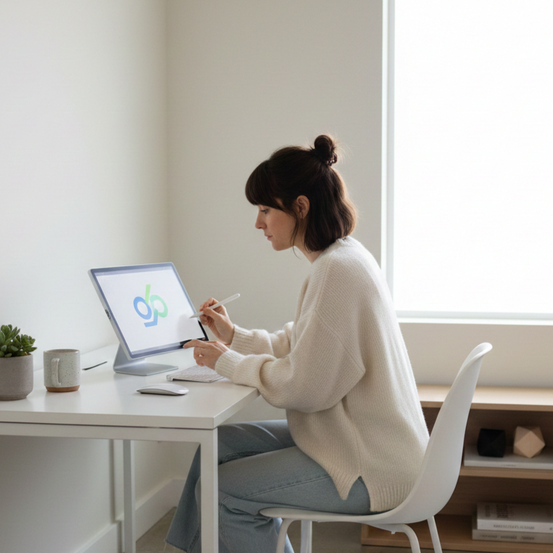 A woman sitting at a white desk using a digital drawing tablet with a stylus in a bright room with a window.