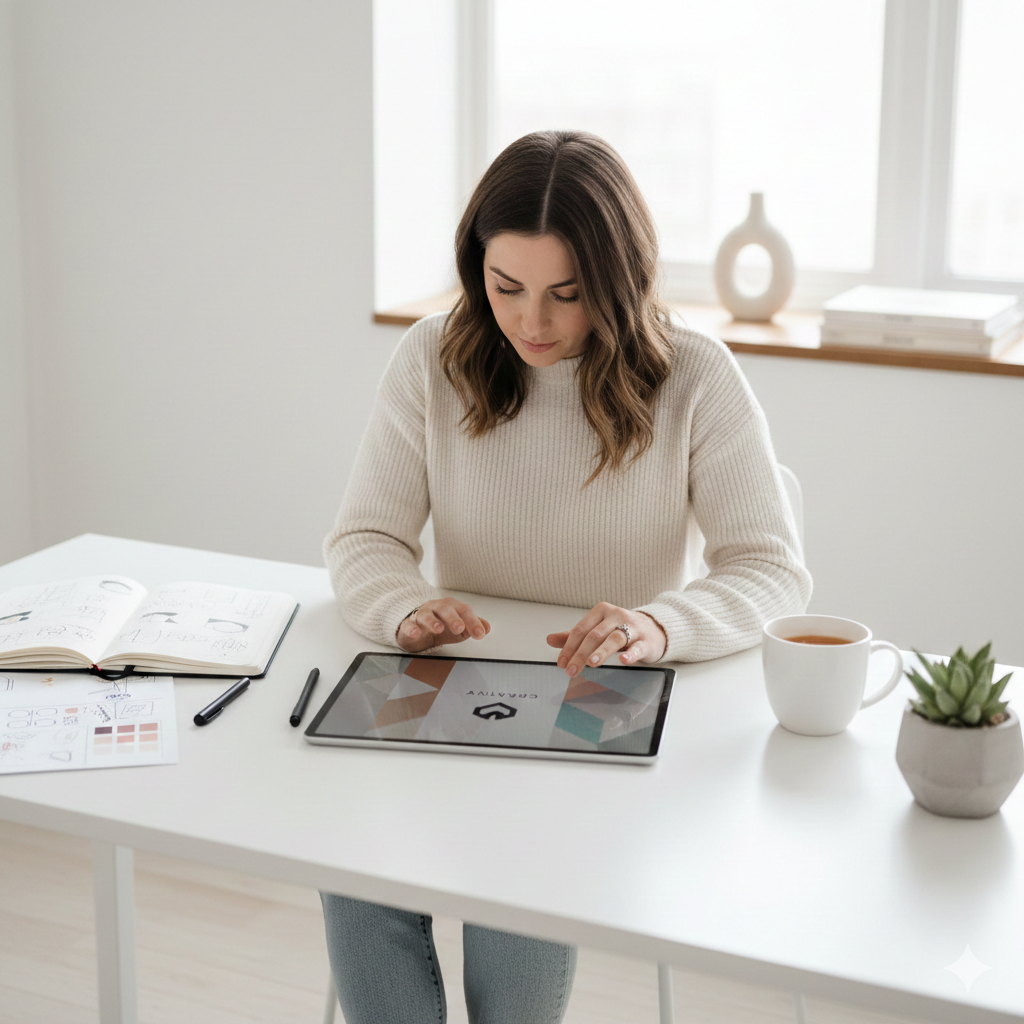 A woman with shoulder-length brown hair in a white sweater sitting at a white desk, using a tablet. There is a coffee mug, a potted plant, an open notebook, and some pens on the desk. A window with a light-colored blind is in the background.