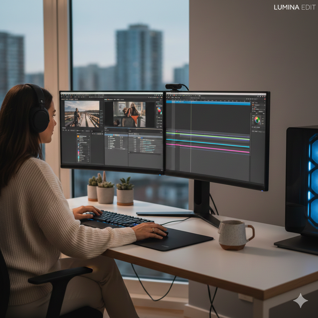 A woman wearing headphones working on video editing on dual computer monitors in a modern office with city buildings visible through a large window.
