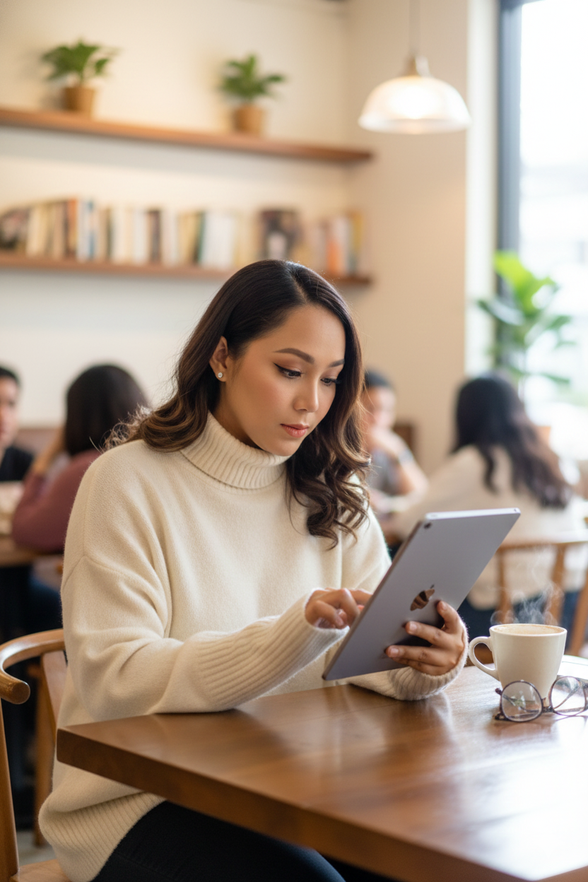 A woman in a beige sweater sitting at a wooden table in a cozy cafe, using a tablet with a mug and glasses nearby, with other people in the background.