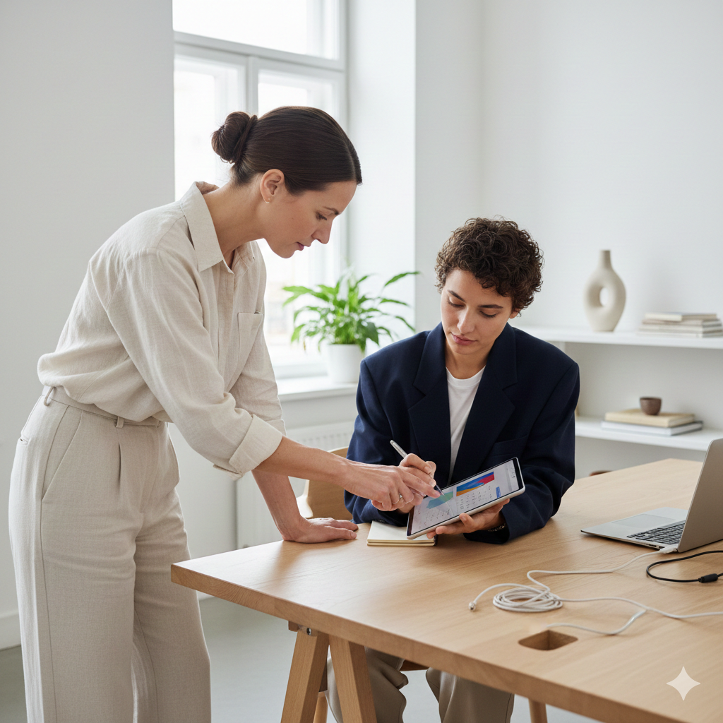 A woman and a young man are having a discussion in a bright office, with the woman pointing at a tablet displaying charts, while the young man takes notes with a pen.