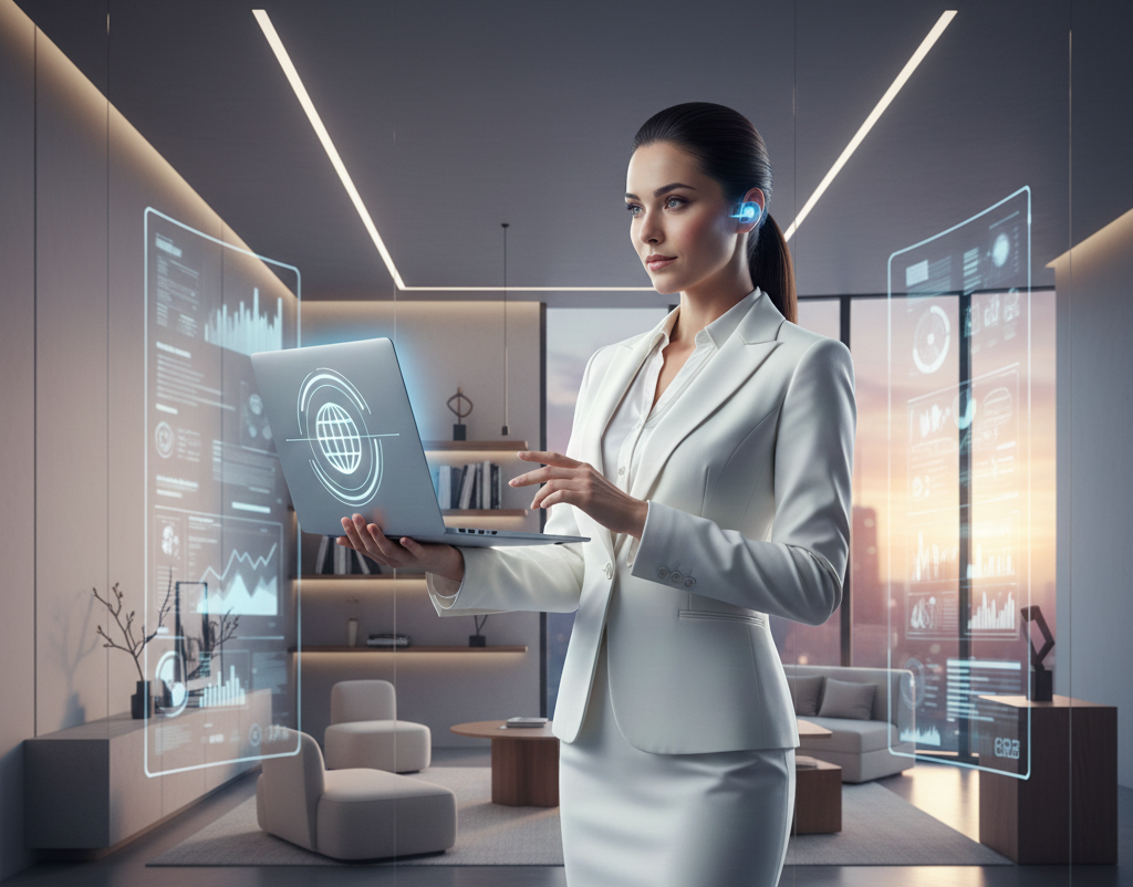 A professional woman in a white suit using a laptop with holographic digital data displays in a modern office.