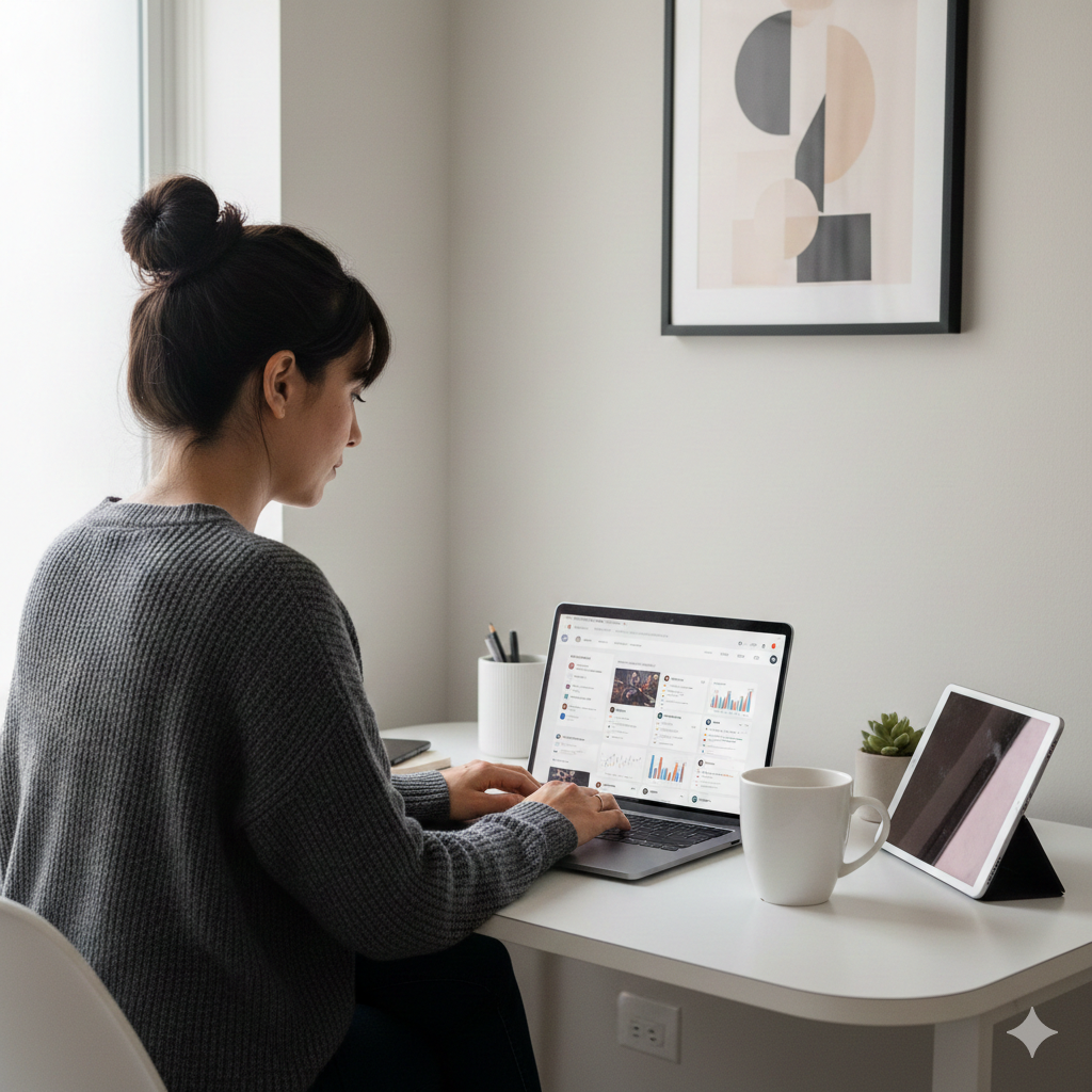 A woman with dark hair in a bun working on a laptop at a white desk.