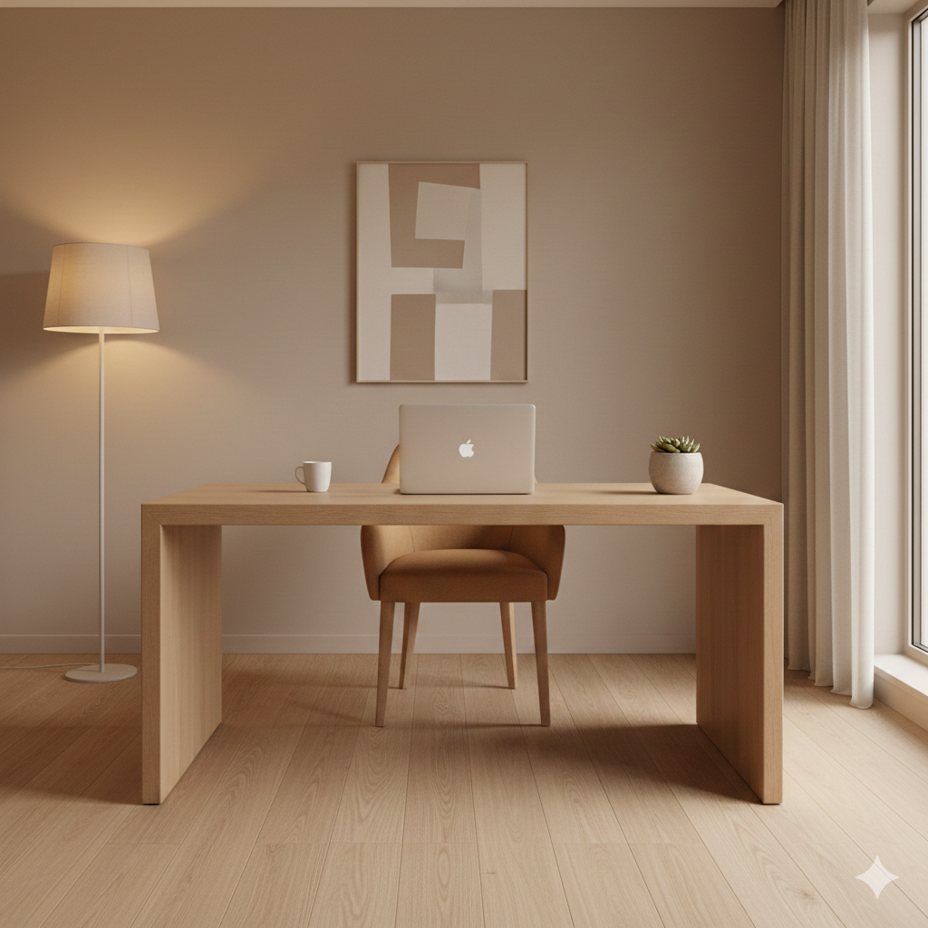 A minimalist home office setup with a wooden desk, a brown chair, a white lamp, a white mug, a laptop, and a potted succulent plant. There is abstract art on the beige wall and a sliding glass door with curtains to the right.