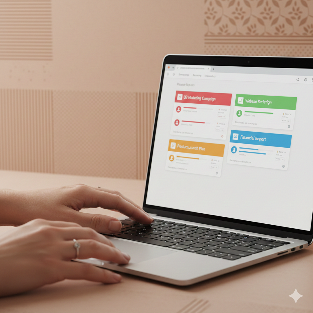 Person using a laptop with a project management dashboard open on the screen, displaying tasks with color-coded labels.