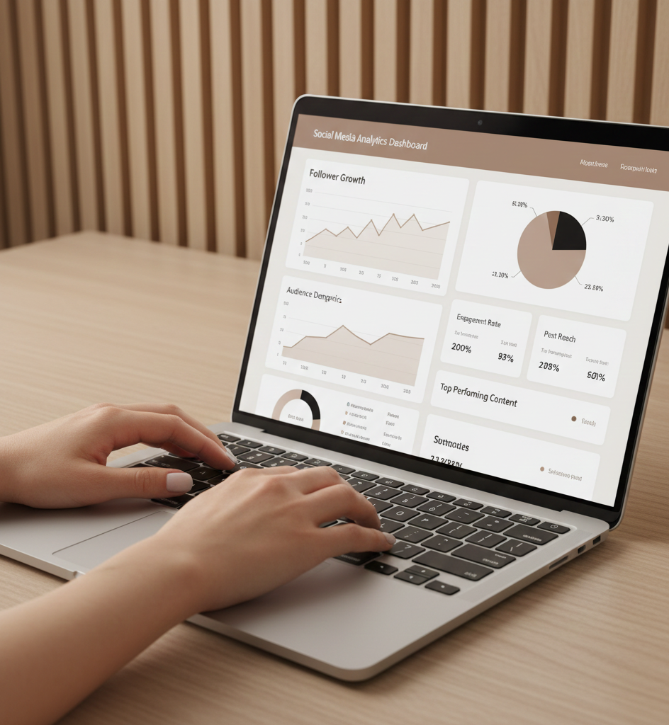 Laptop on a wooden desk displaying a social media analytics dashboard with graphs, charts, and statistics.