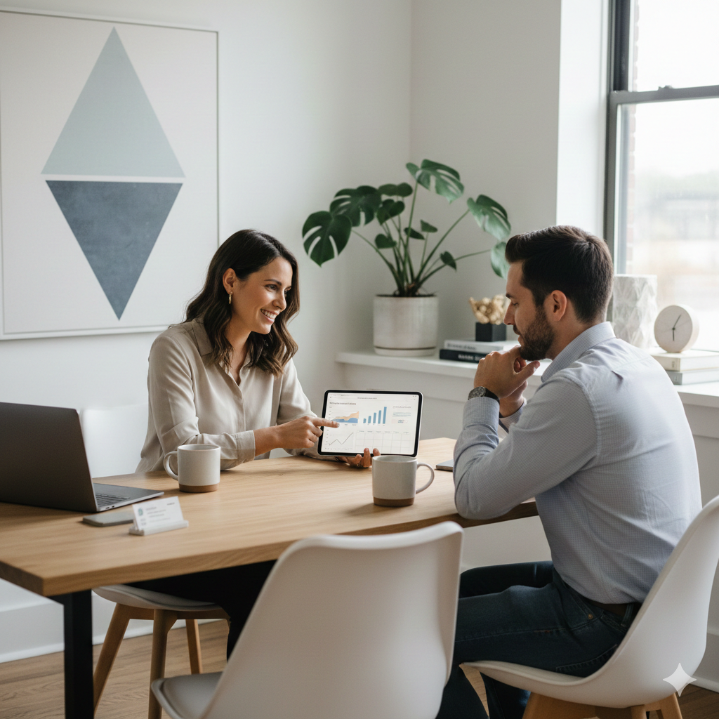 A woman and a man sit across from each other at a wooden table in an office, discussing business graphics displayed on a tablet, with a laptop.