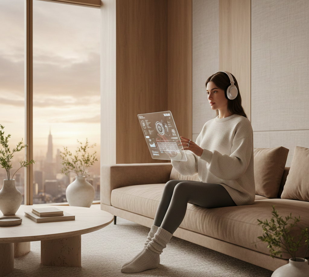 Young woman wearing headphones sitting on a beige couch holding a transparent digital display, with a city skyline visible through large window during sunset.