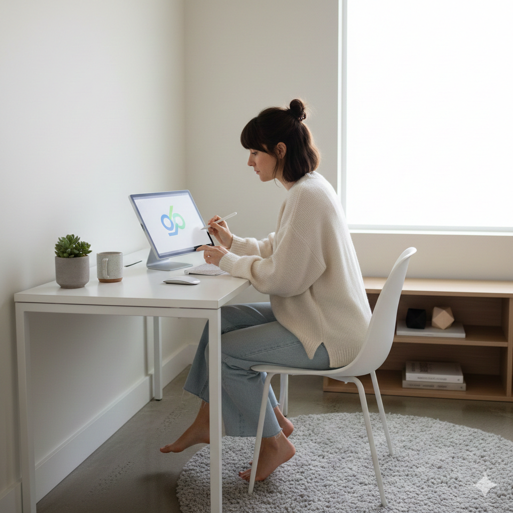 A woman working at a white desk using a tablet with a stylus.