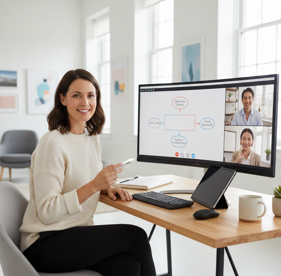 A woman sitting at a desk in a bright, modern office, participating in a video conference, with a large monitor displaying her video call and presentation slides.