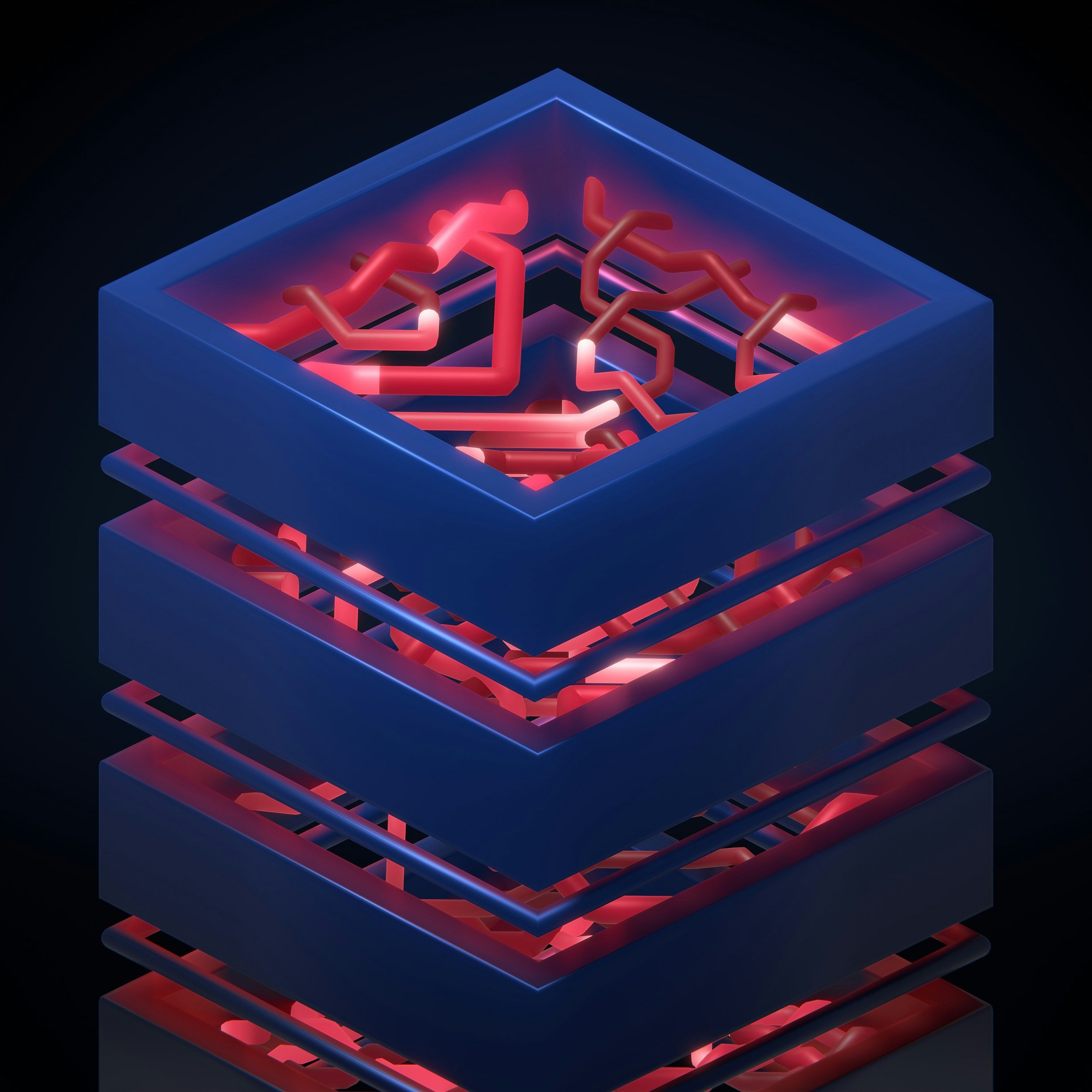 A digital illustration of a futuristic layered data storage device with glowing red and pink circuits inside blue casing.