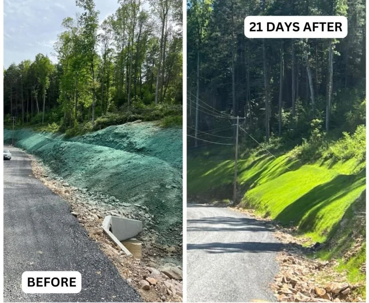 En före- och efterbild av en väg. På vänster sida syns en väg under förbättring med gröna byggmaterial längs kanten. På höger sida är vägen nyligen förbättrad med gräsmatta och asfalt, och det finns ett träd och elledningar i bakgrunden, märkt '21 days after'.