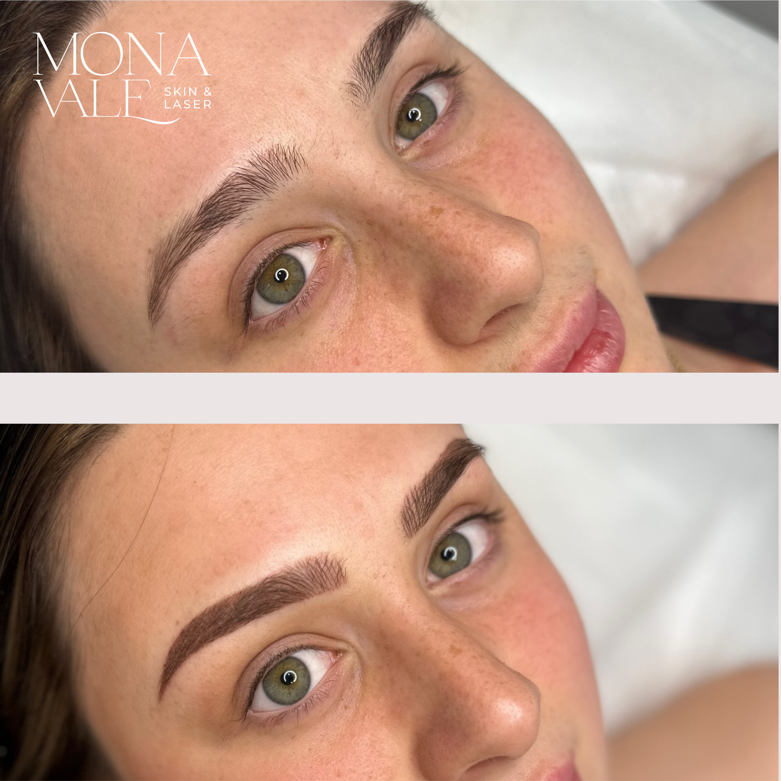 Comparison of a woman's eyebrows before and after microblading, showing fuller and more defined brows in the after photo.