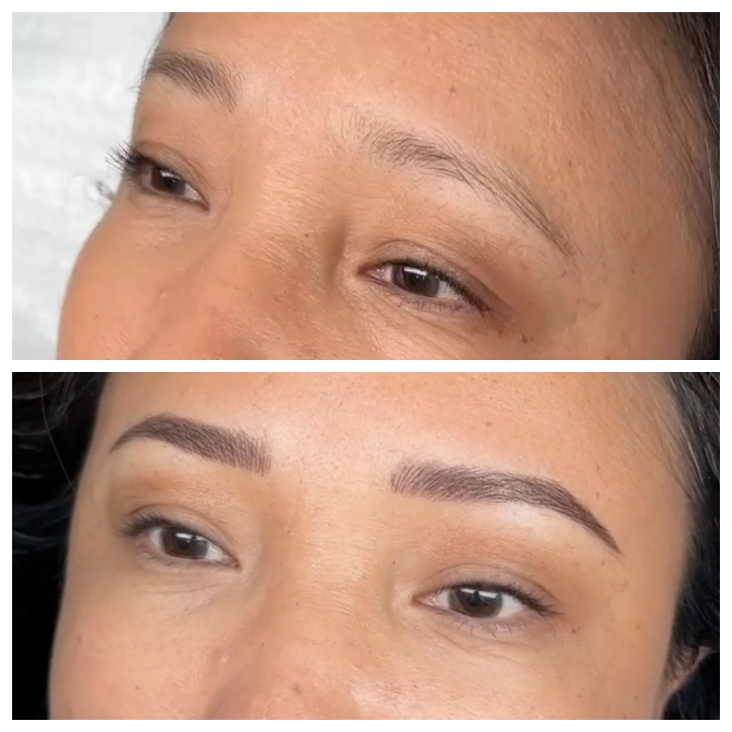 Close-up of a woman's eyebrows before and after microblading, showing significant enhancement.