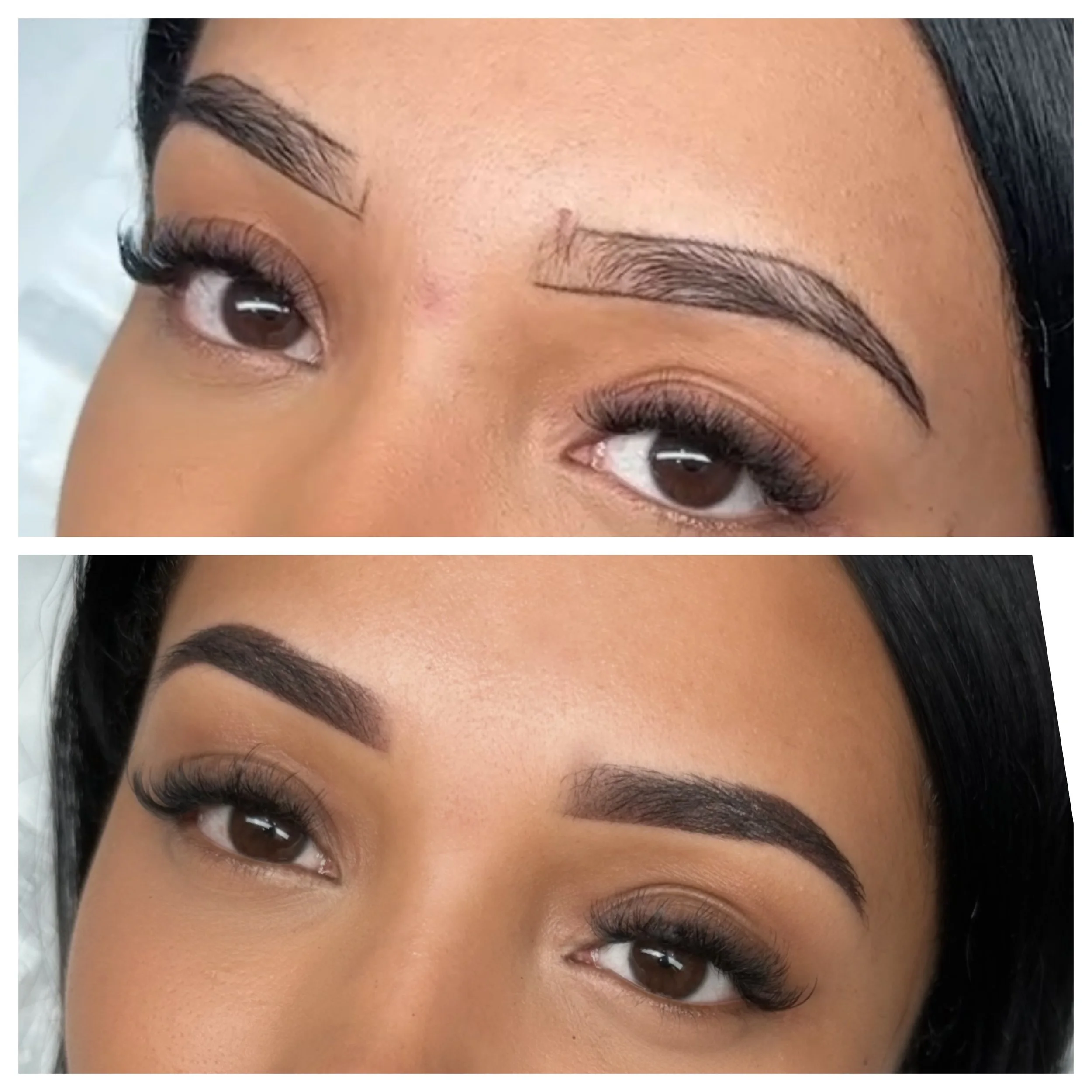 Close-up of a woman's eyes with different eyebrow styles, showing before and after eyebrow grooming.