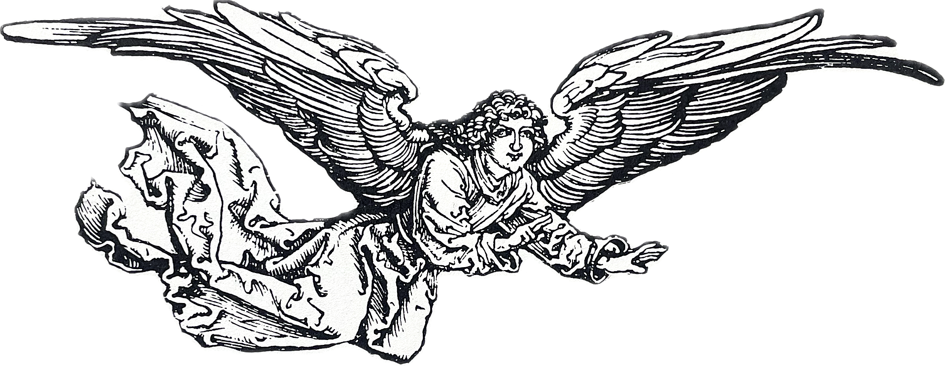 Black and white illustration of an angel with large wings, sitting and writing in a book.