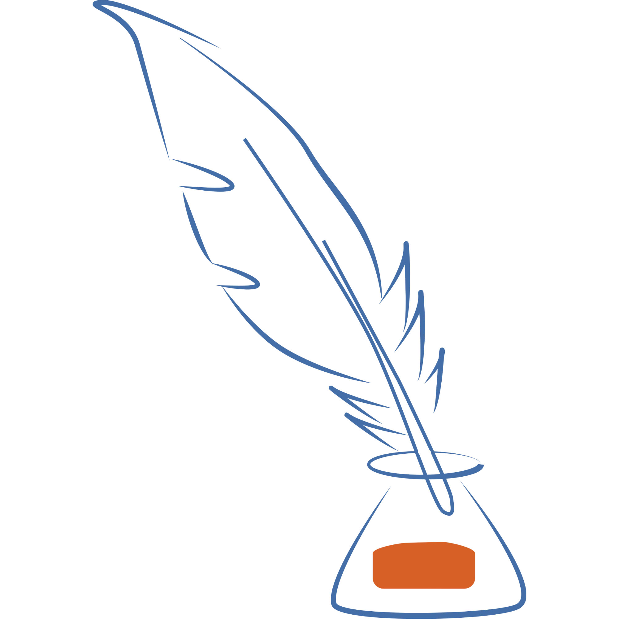 Illustration of a quill pen and ink bottle.