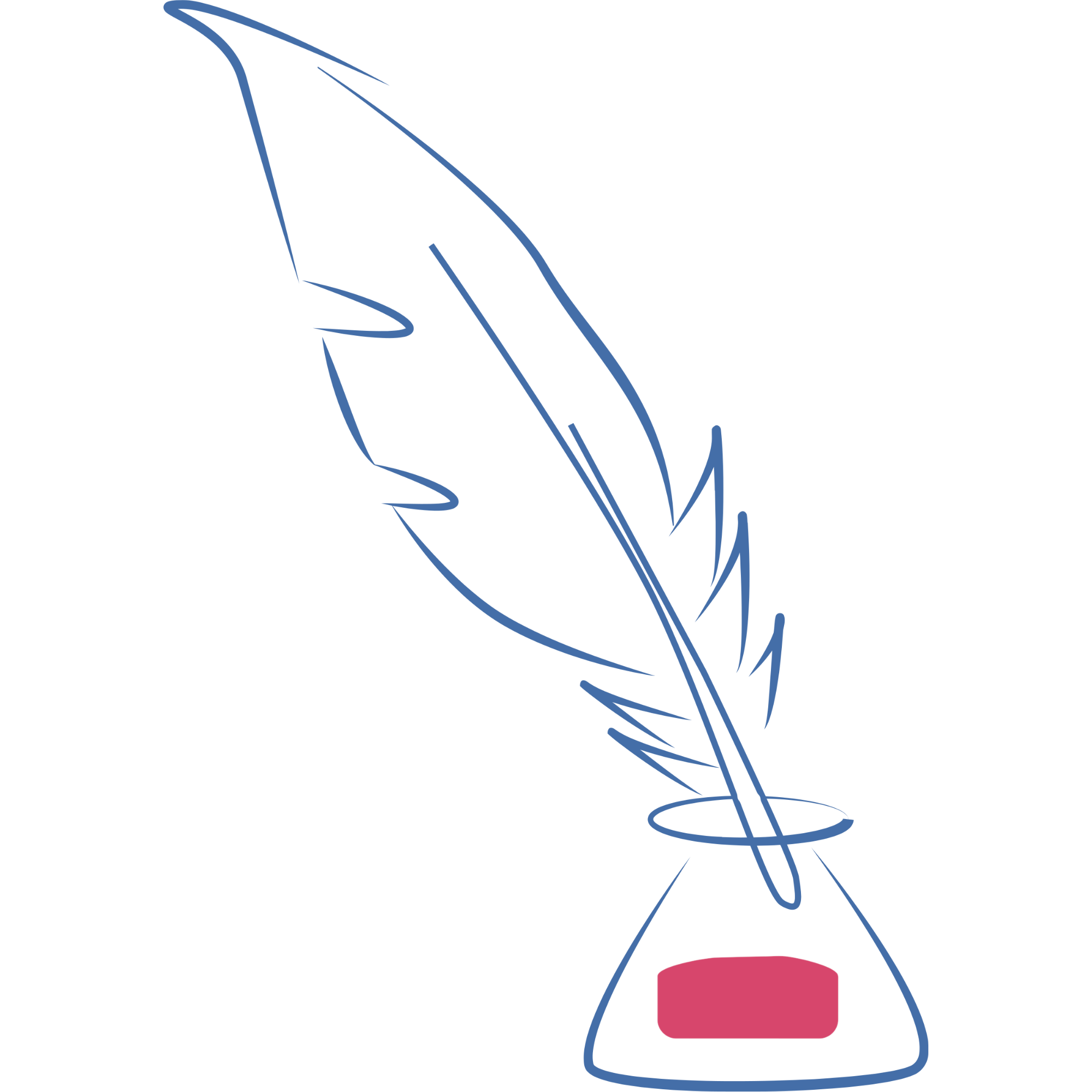 Line drawing of a quill pen resting on an inkwell with a pink label.
