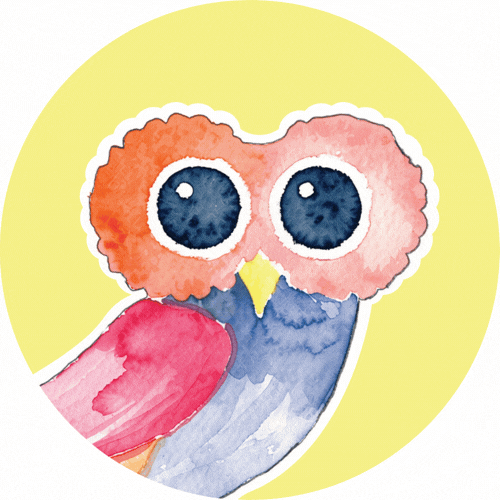 Watercolor illustration of a cute owl with large blue eyes, pink and red feathers, and a yellow beak, set against a light yellow circular background.