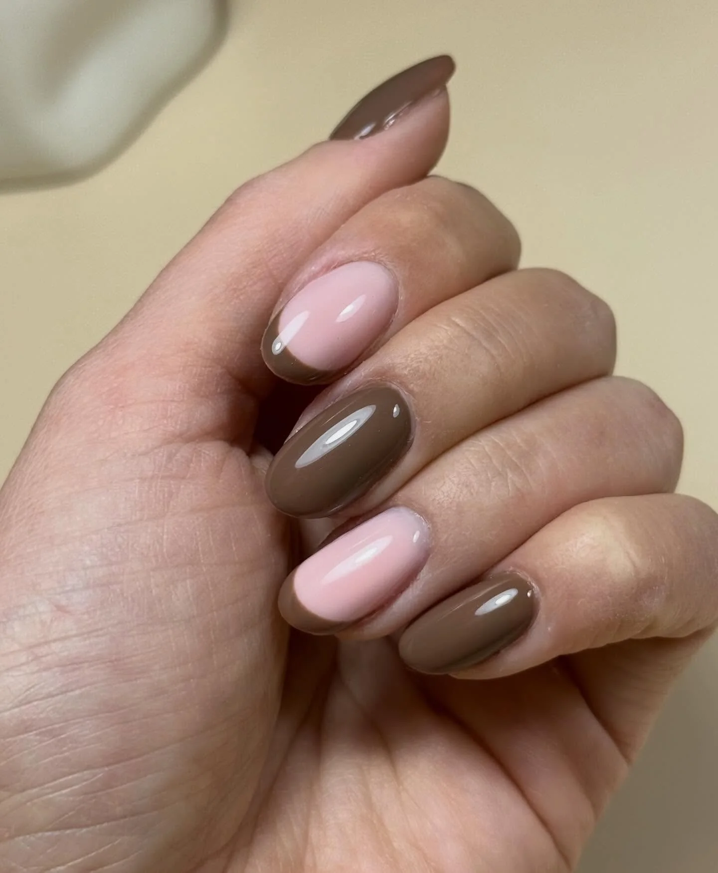 Oehhh deze combo 🤎
Soft pink meets chocolate brown = clean, classy &amp; cozy 

Zin in frisse verzorgde nagels zoals deze? Plan snel je afspraak en profiteer van mijn nieuwe klanten actie! 

DM of link in bio. 

#nooshnails #biabenschede #nagelsensc