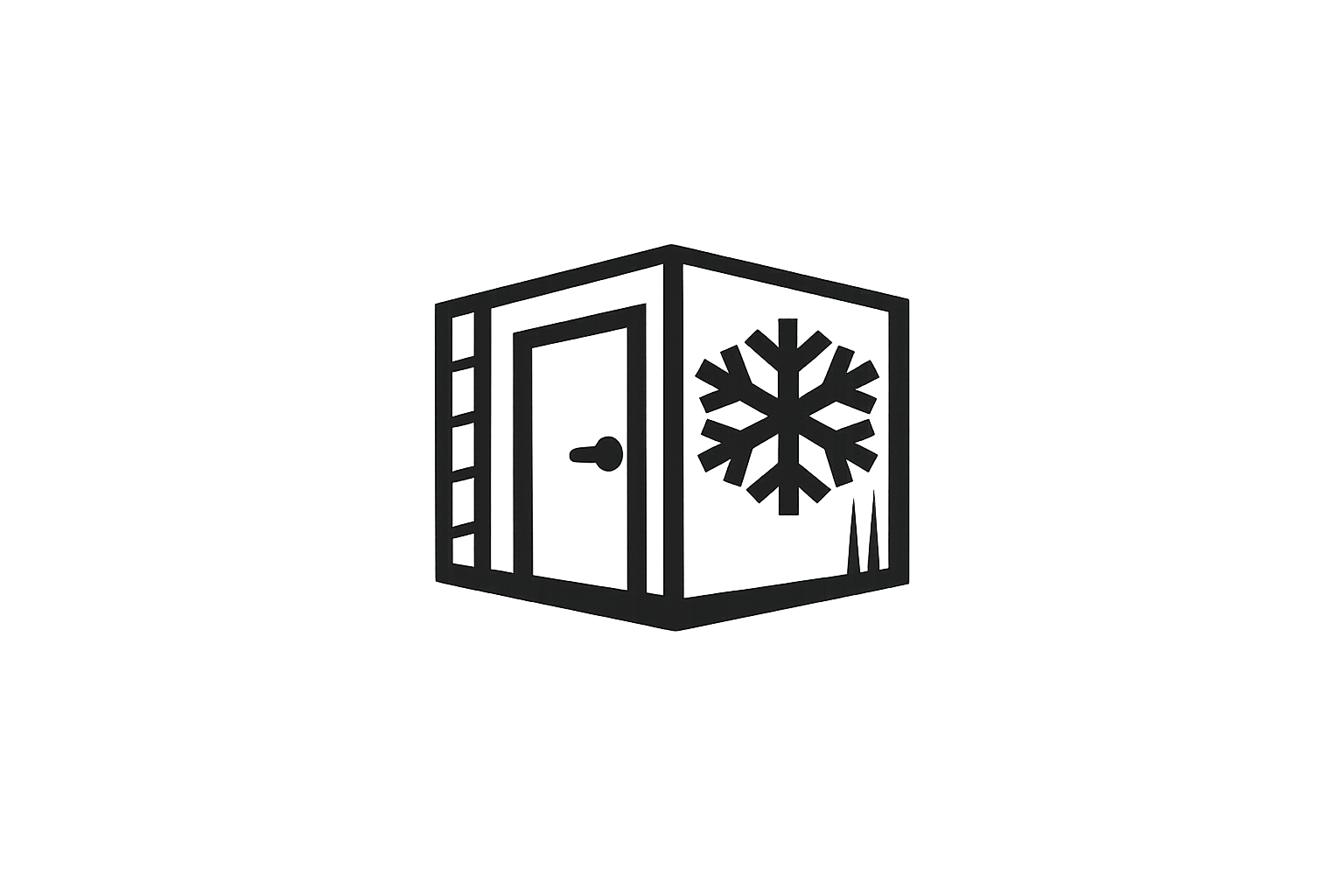 A black cube with a door on the front and a large snowflake symbol on one side, against a gradient background.