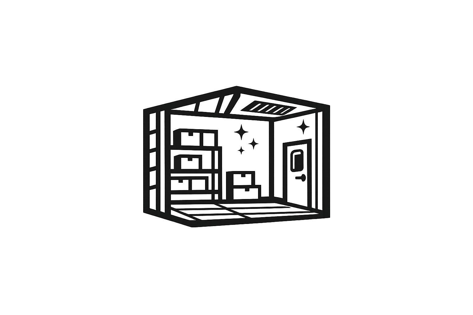 A black outline of a small, empty room with shelves and a door, designed in a simple, minimalist style.