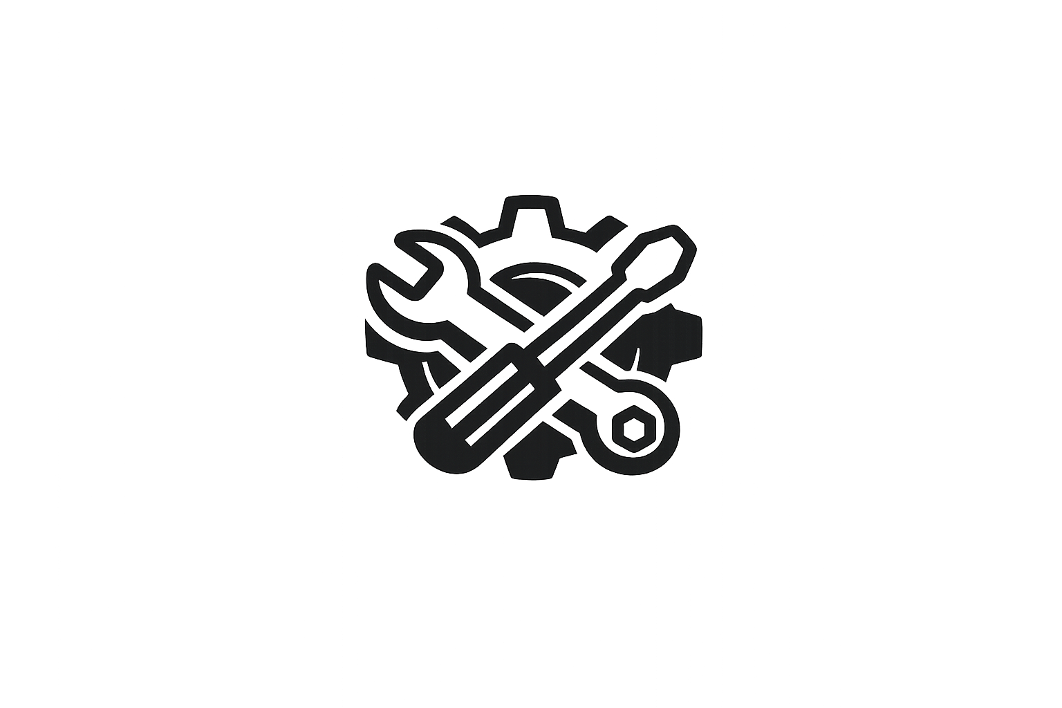 Black icons of a wrench, screwdriver, pipe wrench, gear, and screwdriver crossed over each other, representing tools or maintenance.