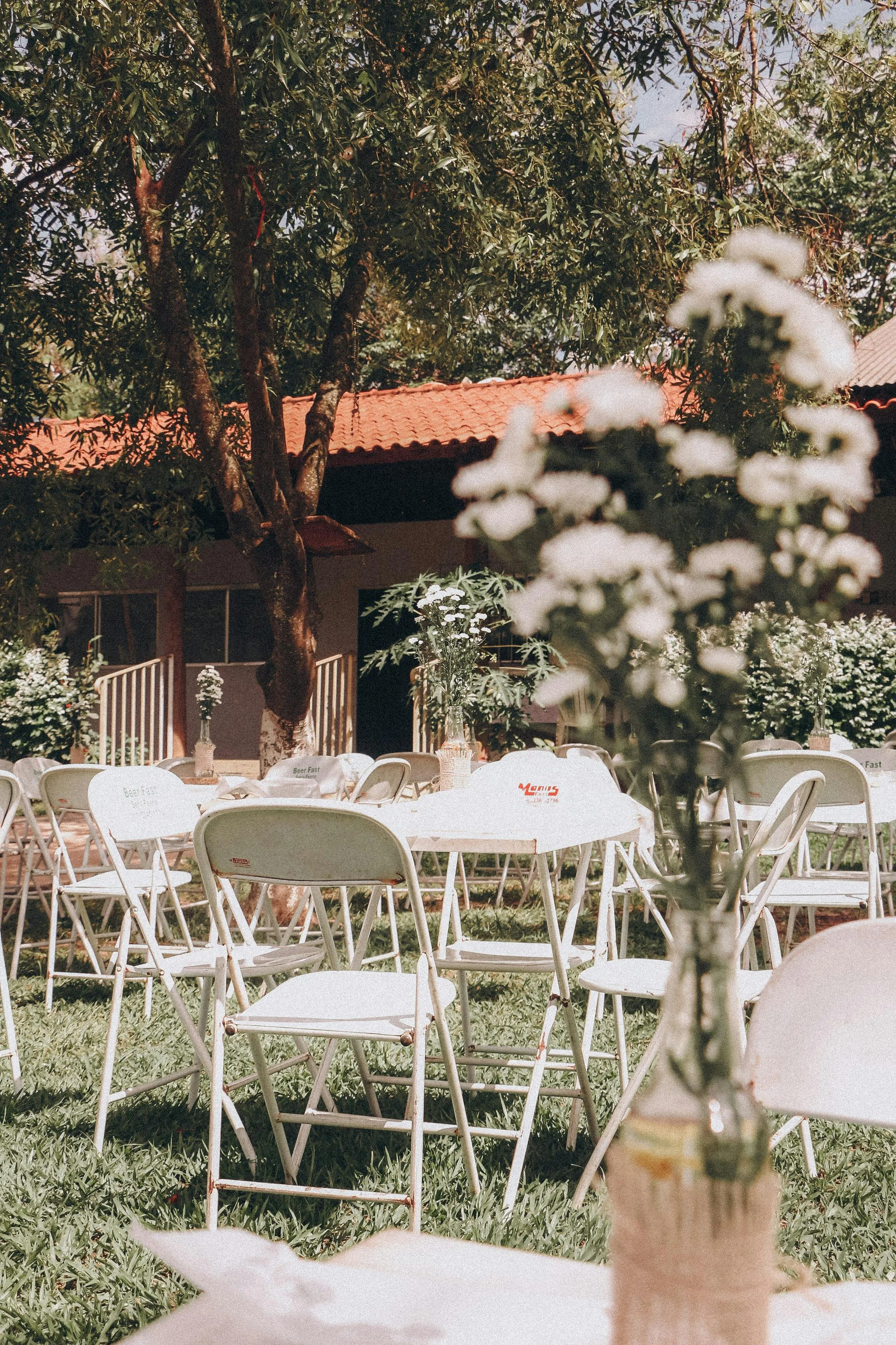 Outdoor event setup with white chairs and tables, greenery and trees, a building with a red-tiled roof, and a potted plant in the foreground.
