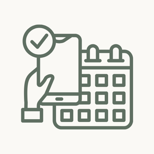 A hand holding a smartphone with a checkmark icon and a calendar in the background.