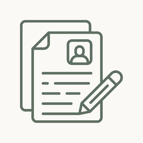 Icon of a resume with a profile picture, lines of text, and a pencil