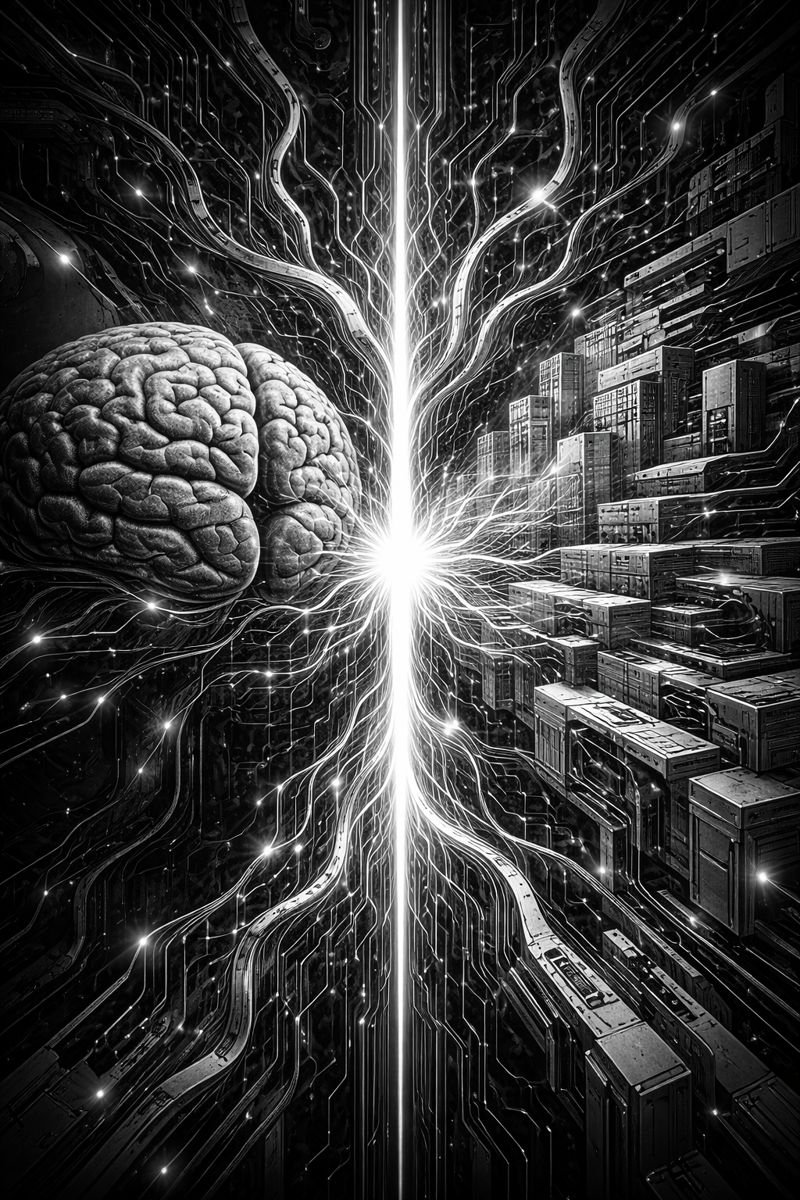 Black and white digital artwork depicting a human brain on the left, a cityscape on the right, and an intense burst of light and energy connecting them in the center.