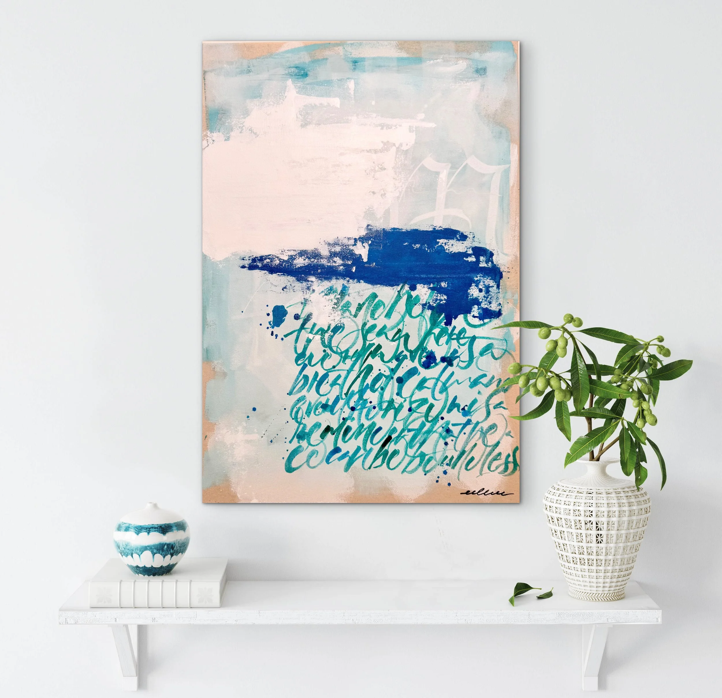 Cuadro abstracto con caligrafía integrada en azul y verde, obra original de Eliseth