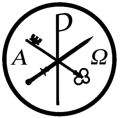 A round symbol with four sections, each containing a letter or object: 'A,' a key, 'P,' and the Greek letter omega, with intersecting lines and a circle border.