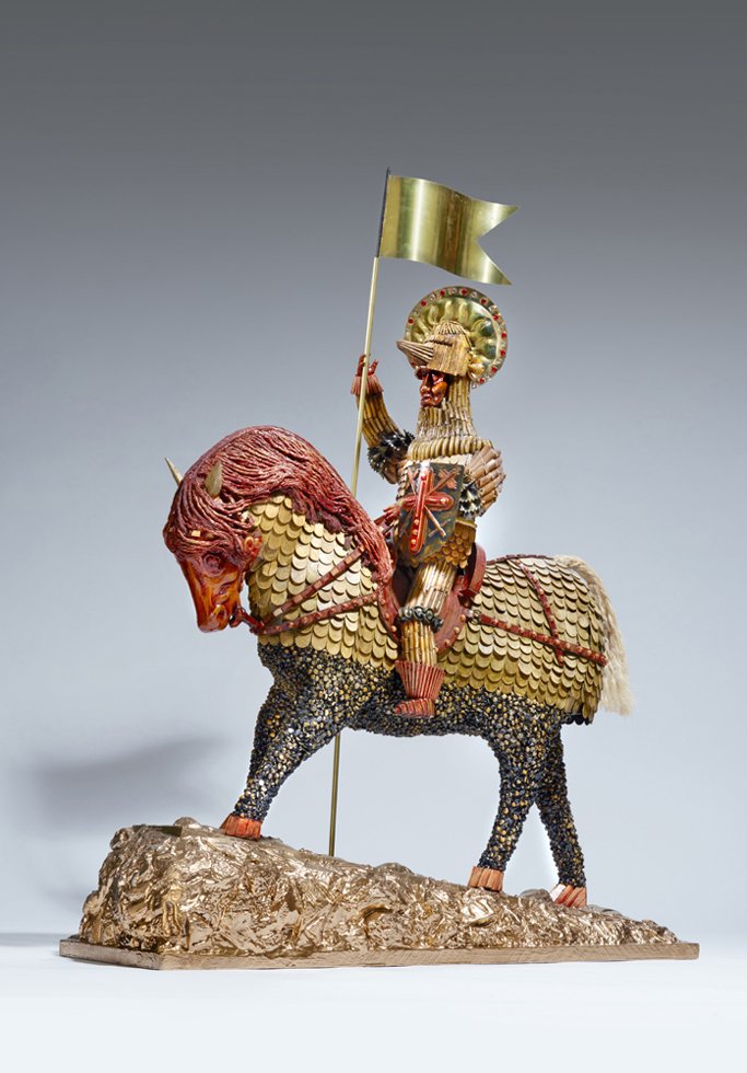 Anglia Squire, wood, clay, plastic, found objects, 90 x 100 x 20cm