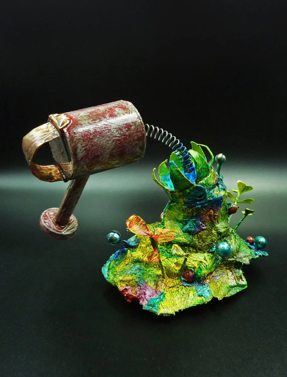Tilth Robot, plastic, metal, found objects, 15 x 15 x 10cm