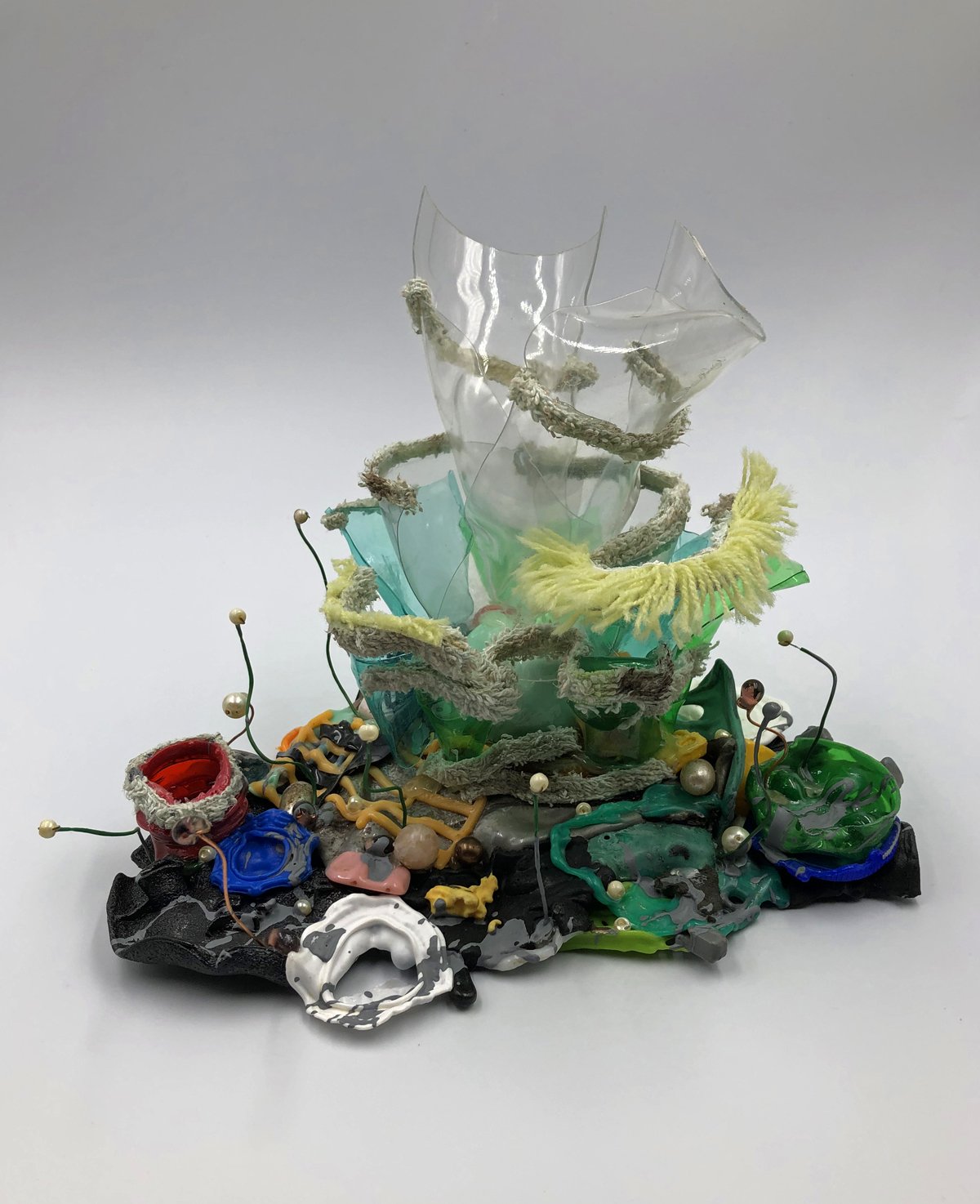 Plastic Pelagic III,                                                      plastic, fabric, wire, found objects,
20 x 30 x 25cm