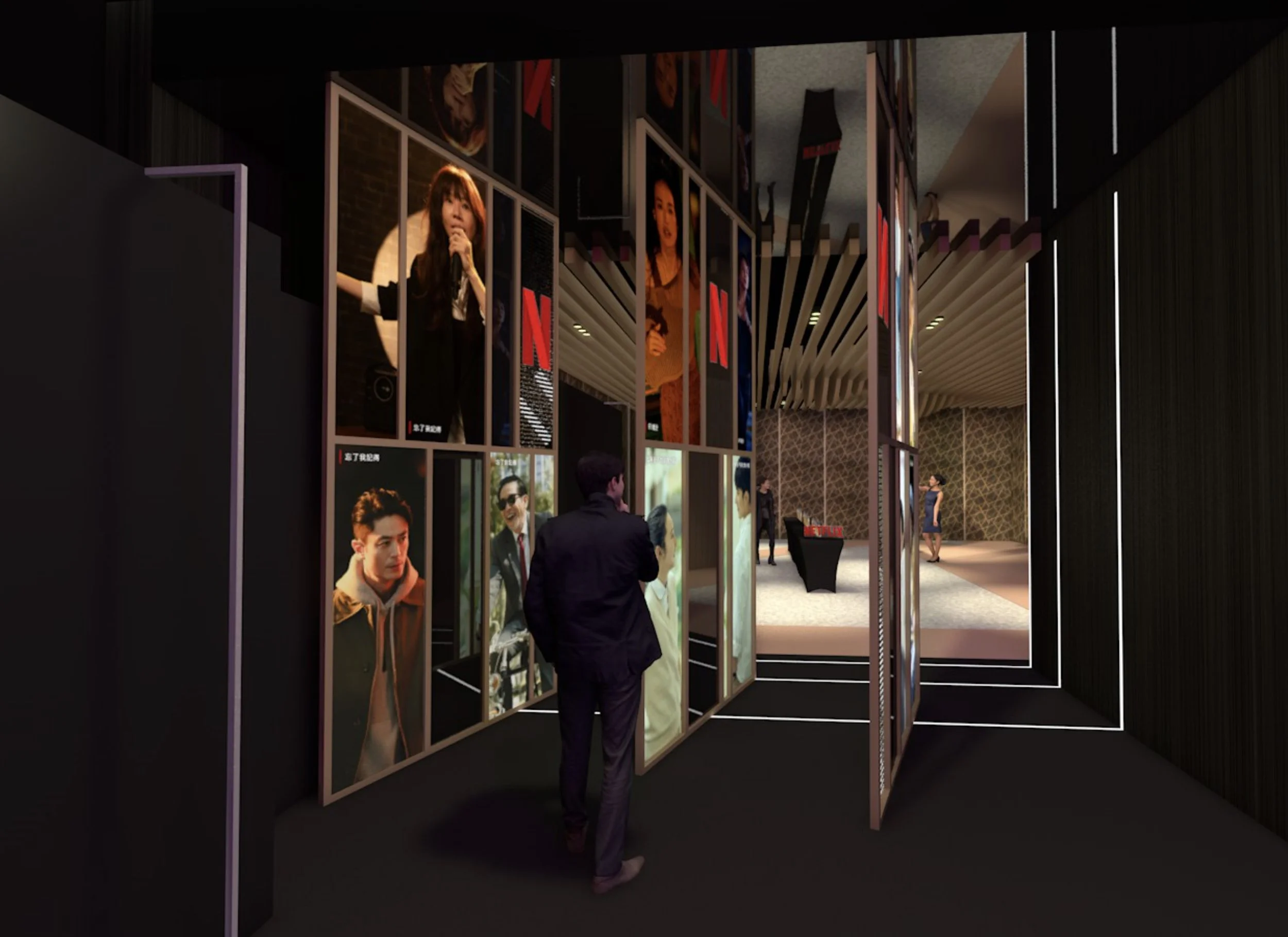 Experiential installation imagery from the Next on Netflix campaign, showing a walkthrough environment with vertical display panels highlighting featured series and talent.